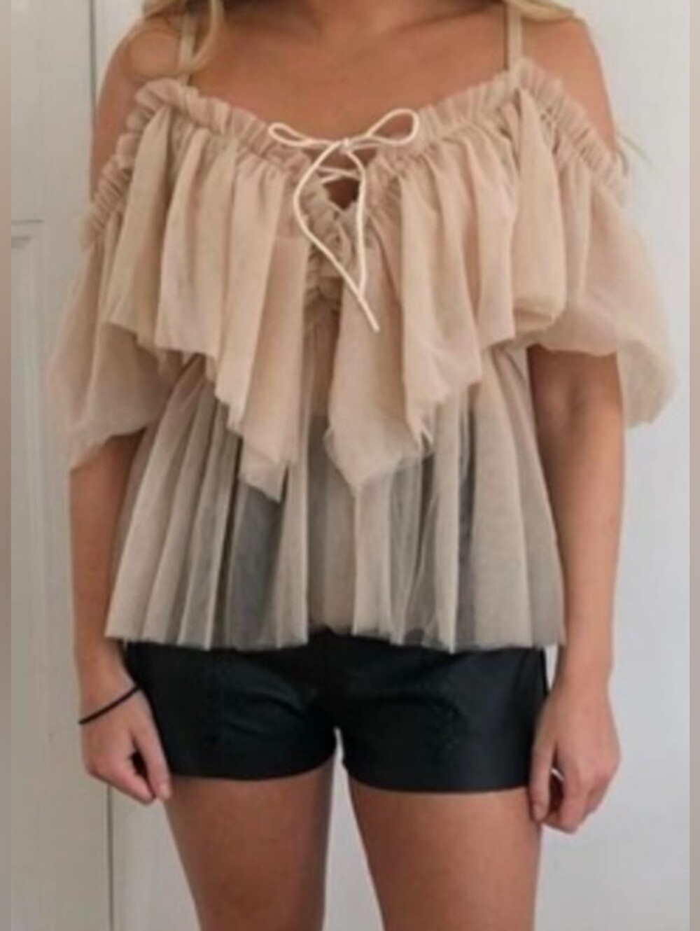 PrettyLittleThing Sheer Ruffle Peasant Top in Beige Size 12 NWT
